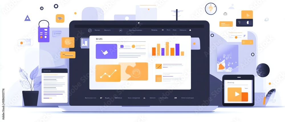 Poster Digital document management interface on a laptop, user interacting with icons for text, images, and data points, clean and modern generative AI layout