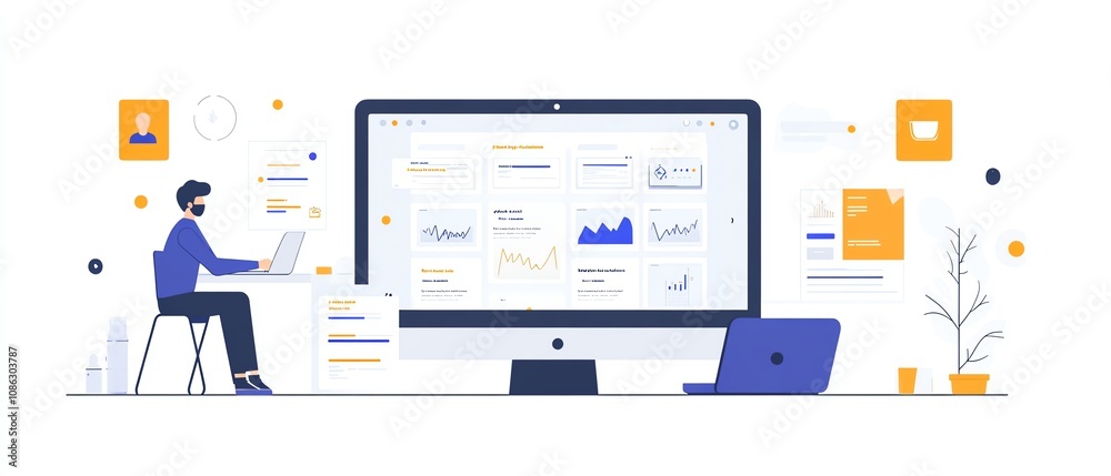 Leinwandbilder Digital document management interface on a laptop, user interacting with icons for text, images, and data points, clean and modern generative AI layout
