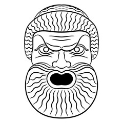 Antique theater mask of a bearded man with open mouth. Ancient Roman design. Black and white linear silhouette.