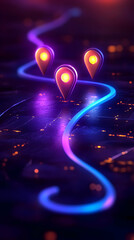 3D Illustration - Neon Map Route with Location Pins