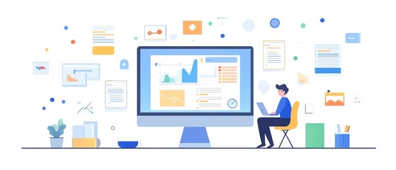 Digital document management interface on a laptop, user interacting with icons for text, images, and data points, clean and modern generative AI layout