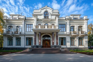 A large white mansion with columns and a grand entrance, surrounded by a lush green lawn, under a blue sky with white clouds.