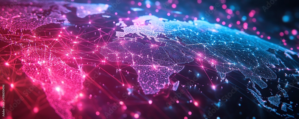 Poster dynamic global business network design, featuring people and digital icons interconnected across con