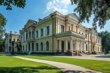 Obraz premium A large, yellow, classical style building with a walkway leading to it.
