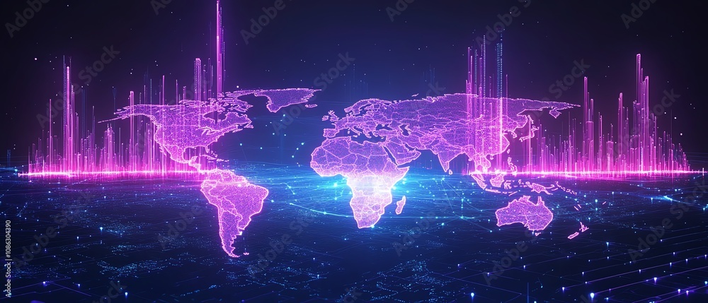 Poster futuristic global business network, interconnected people and generative ai icons on world map, neon