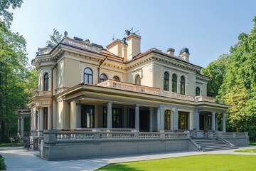 Obraz premium A large, yellow mansion with a long porch and a stone foundation.
