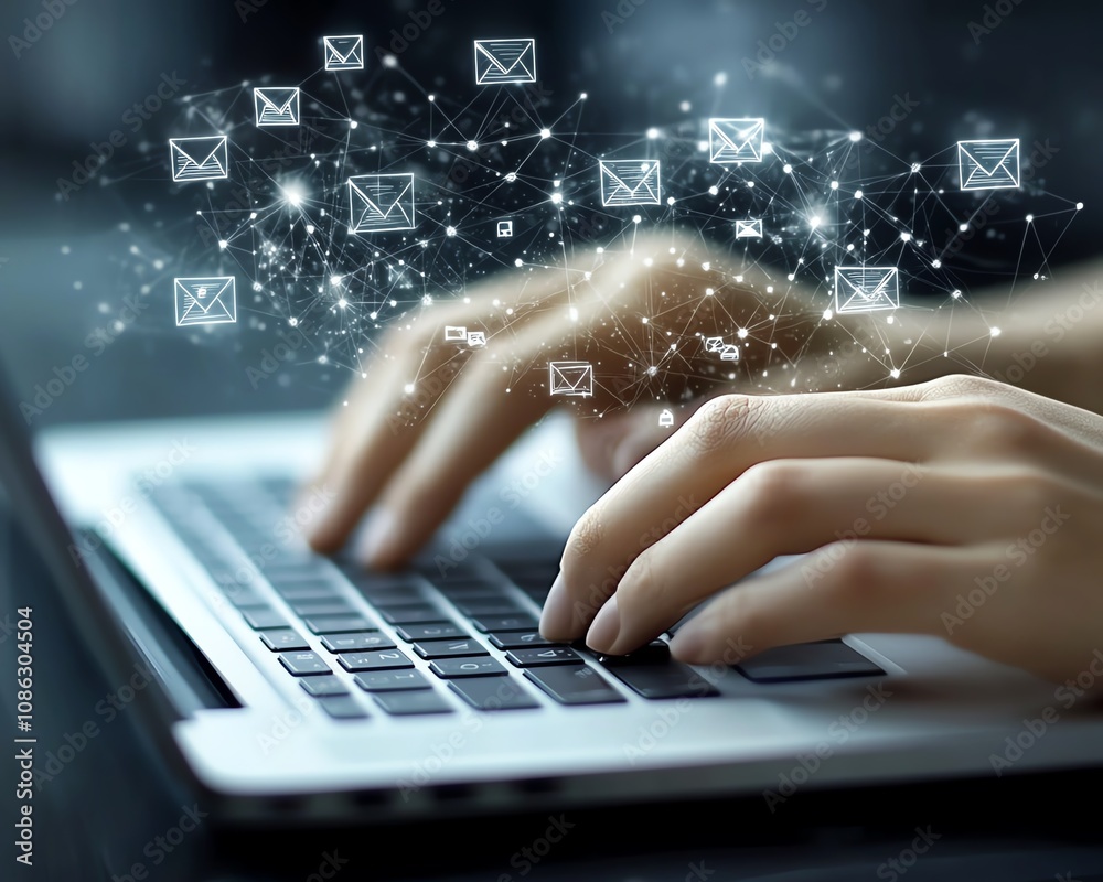 Fototapete hands typing on a laptop, floating digital icons representing online document management and data pr