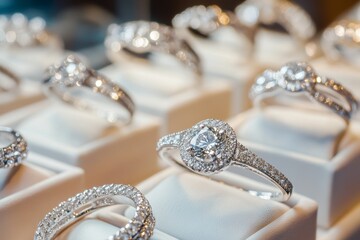 A close-up of diamond rings in a display case at a jewelry store.