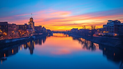 Obraz premium Calm river reflecting sunset cityscape.