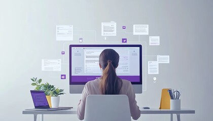 Laptop user accessing an online document management system, digital documents and icons floating on the screen, modern generative AIdriven workspace