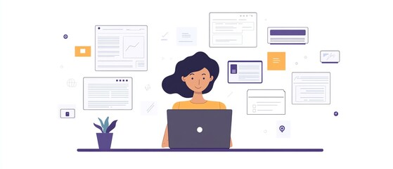 Laptop user managing digital documents through an online system, icons and files floating around the screen, generative AIdriven interface