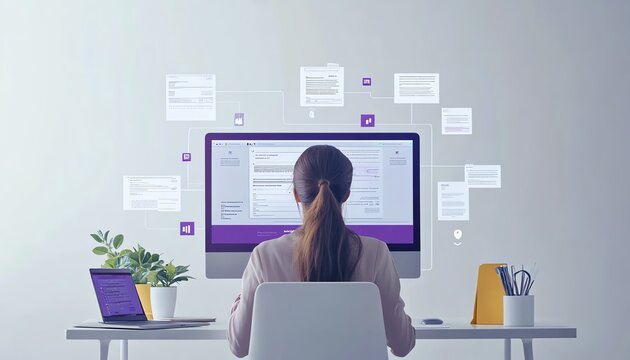 Laptop user accessing an online document management system, digital documents and icons floating on the screen, modern generative AIdriven workspace