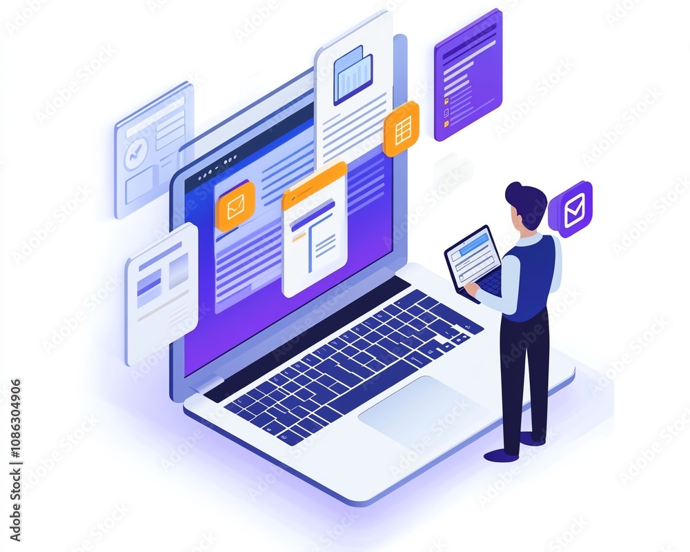 Poster Person accessing online document management system on laptop, digital documents and icons floating on the screen, sleek generative AI interface
