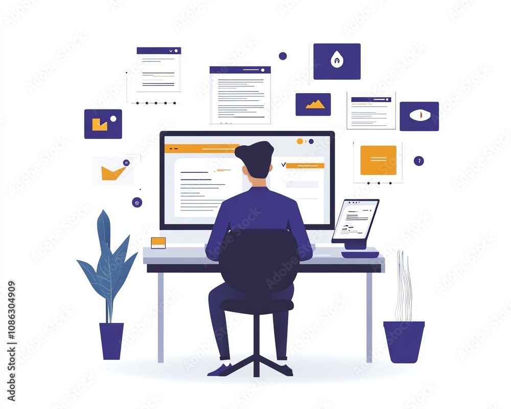 Poster Person accessing online document management system on laptop, digital documents and icons floating on the screen, sleek generative AI interface