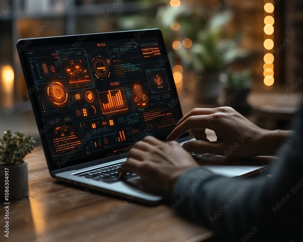 Poster Person accessing online document management system on laptop, digital documents and icons floating on the screen, sleek generative AI interface