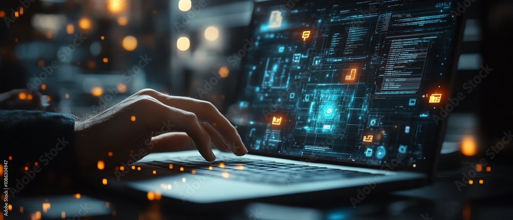 Poster Person interacting with a laptop, accessing an online document management system, digital documents and floating icons on screen, generative AI concept