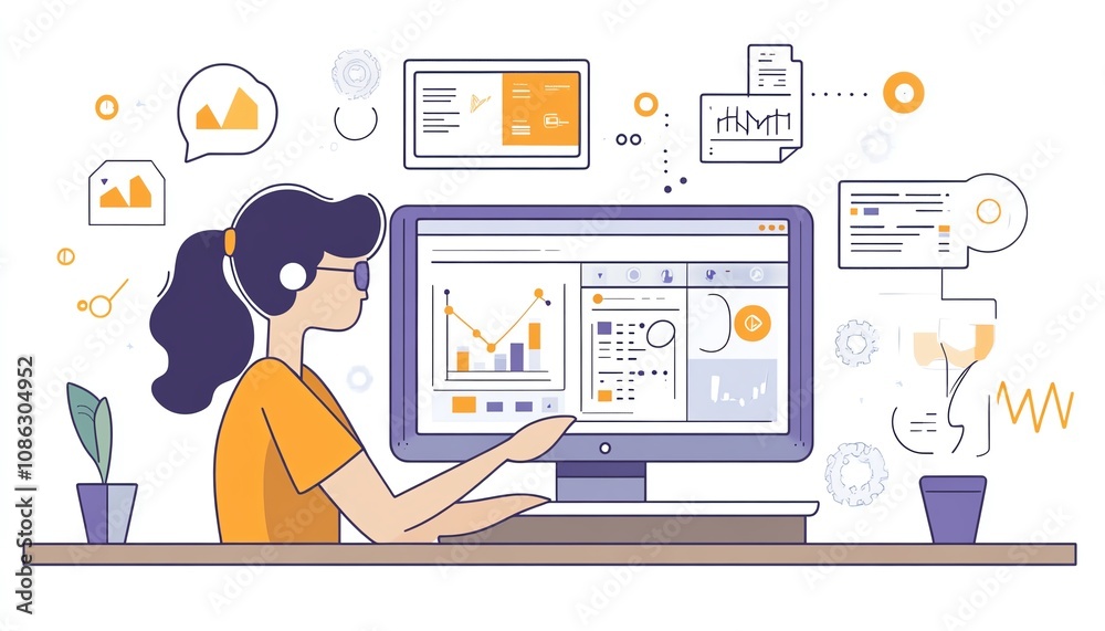 Poster person interacting with a laptop interface to manage digital documents, icons representing text, ima