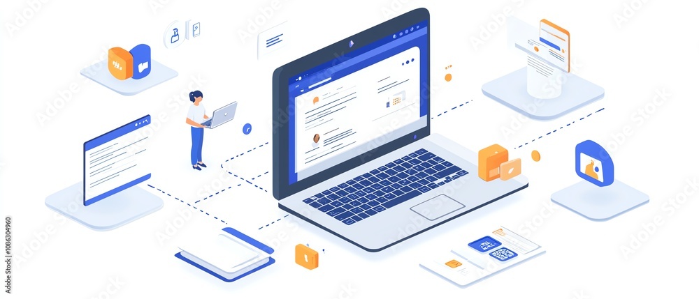 Poster Person interacting with a laptop, accessing an online document management system, digital documents and floating icons on screen, generative AI concept