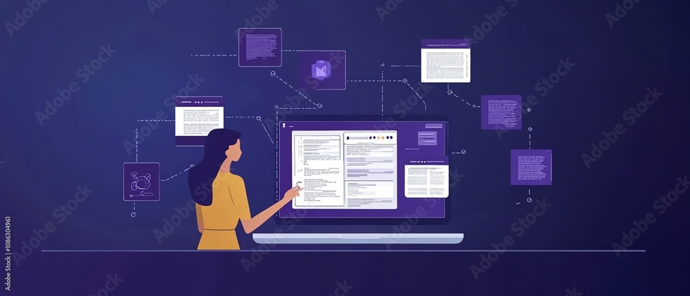 Poster Person interacting with a laptop, accessing an online document management system, digital documents and floating icons on screen, generative AI concept