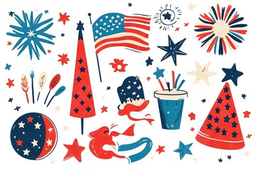 Obraz premium 4th of July, Independence day - greeting design with USA patriotic colors firework burst rays. july, freedom, red, flag, patriotism, illustration, day, blue, design, background, event, poster,