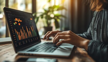 Person interacting with a laptop interface to manage digital documents, icons representing text, images, data, and graphs, generative AI business theme