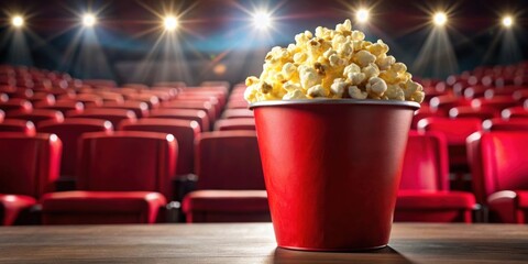 Popcorn in a red bucket in a cinema hall , cinema, snack, movie, entertainment, film, theater, bucket, red, snack time