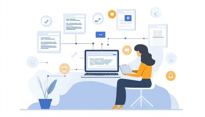 Person interacting with a laptop interface to manage digital documents, icons representing text, images, data, and graphs, generative AI business theme