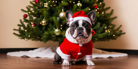 French Bulldog in Santa Costume by Christmas Tree