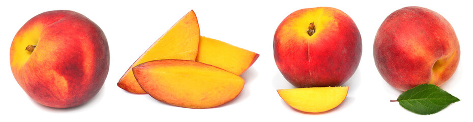 Set of fresh peaches isolated on white background