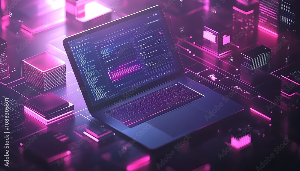 Aufkleber User accessing online document management system on a laptop, digital documents and icons floating around, sleek and futuristic generative AI interface