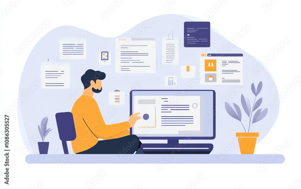 Poster User managing digital documents on laptop interface, icons representing text, images, and data points, sleek design, generative AI technology focus