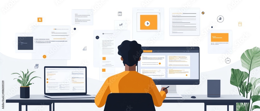 Poster User managing digital documents via an online system on their laptop, icons for text, images, and data points floating around, generative AIinspired workspace
