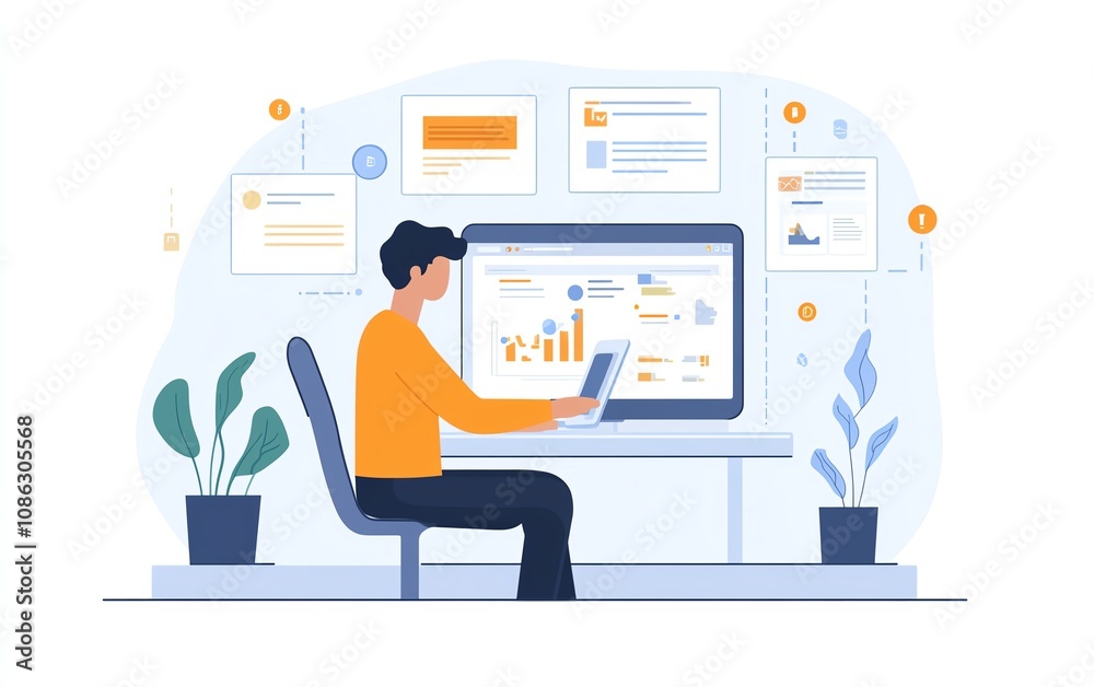 Aufkleber user managing digital documents on laptop interface, icons representing text, images, and data point