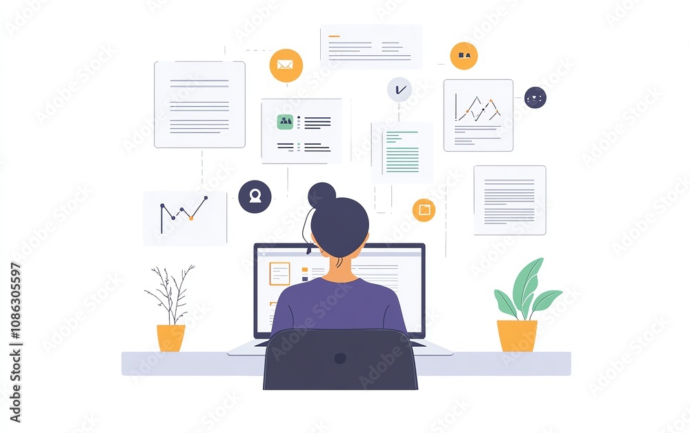 Aufkleber user managing digital documents on laptop interface, icons representing text, images, and data point