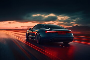 Fototapeta premium Dynamic car motion at sunset urban road automotive photography dramatic atmosphere rear view speed and freedom concept