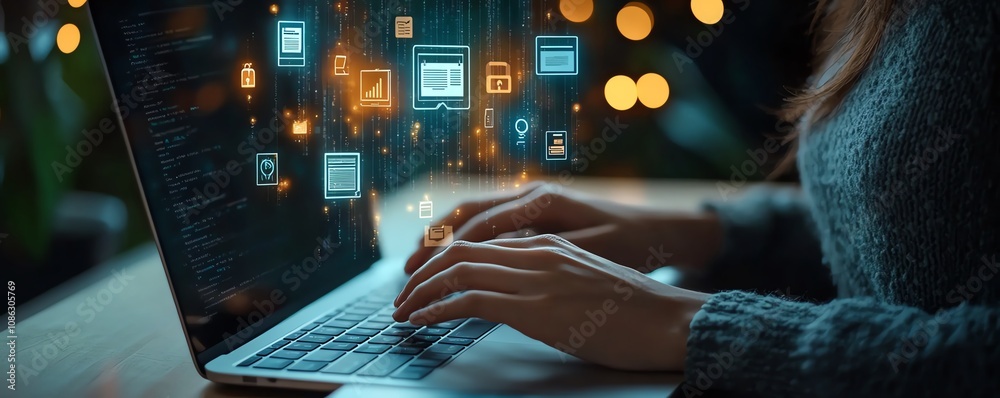 Aufkleber Business person using a laptop with hands typing, digital icons for data security and document management floating above, cuttingedge generative AI interface