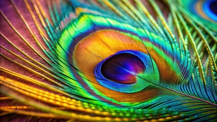 Obraz premium Closeup of vibrant peacock feather with selective focus, peacock, feather, closeup, colorful, texture, pattern, vibrant, exotic