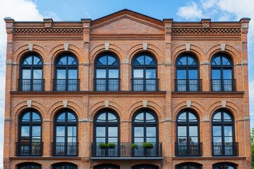 Obraz premium A red brick building with arched windows and balconies.