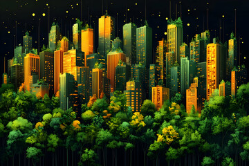 Illustration - Green City Forest Skyscrapers Night