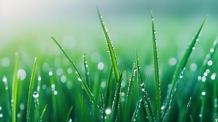 Obraz premium Dew Drops on Green Grass Blades
