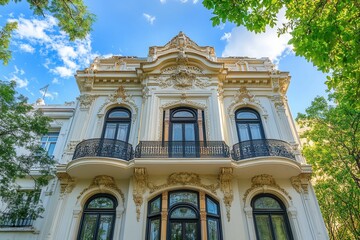 Obraz premium A white, ornate building with arched windows and a balcony, framed by green trees and a blue sky.