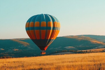 Fototapeta premium Colorful Hot Air Balloon in a Scenic Landscape During Sunset with Rolling Hills and Golden Wheat Fields Under a Clear Sky