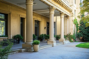 A yellow building with a portico and columns.