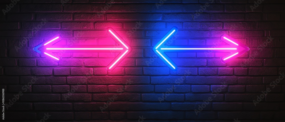 Poster neon blue and purple arrows, each pointing in opposite directions on a black background, glowing wit