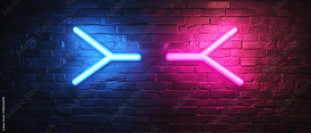 Poster neon blue and purple arrows, each pointing in opposite directions on a black background, glowing wit