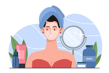 Woman with cream face mask. Young girl with cosmetics near mirror. Beauty SPA procedures and routine. Cleanliness and hygiene. Flat vector illustration isolated on white background