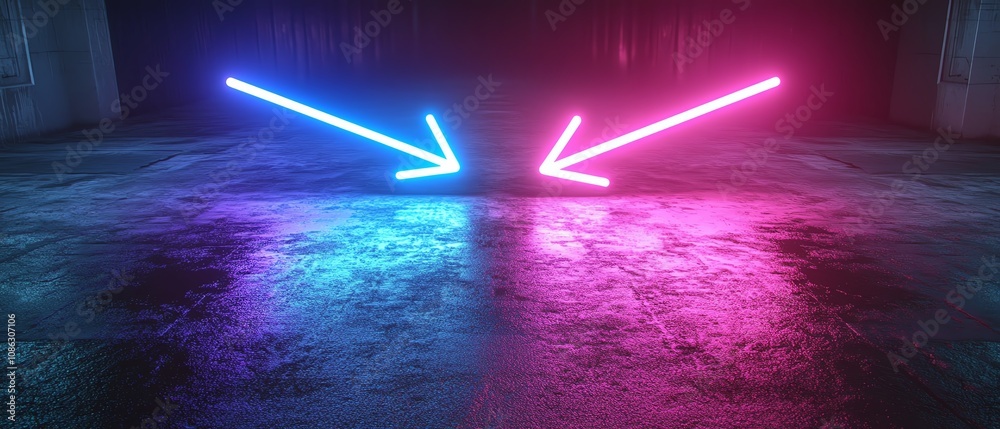 Aufkleber neon blue arrow pointing right and neon purple arrow pointing left, set against a dark background, d