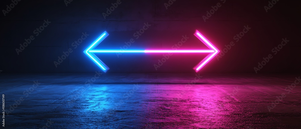 Aufkleber neon blue arrow pointing right and neon purple arrow pointing left, set against a dark background, d