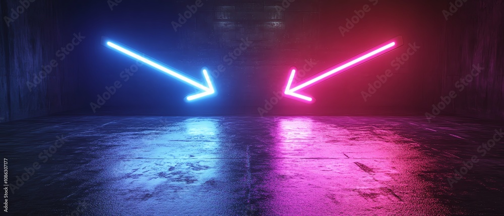 Poster neon blue arrow pointing right and neon purple arrow pointing left, set against a dark background, d