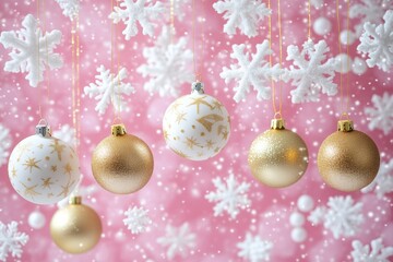 Fototapeta premium Five vibrant Christmas ornaments dangle gracefully from a string, creating a festive display against a soft pink backdrop that exudes holiday cheer.